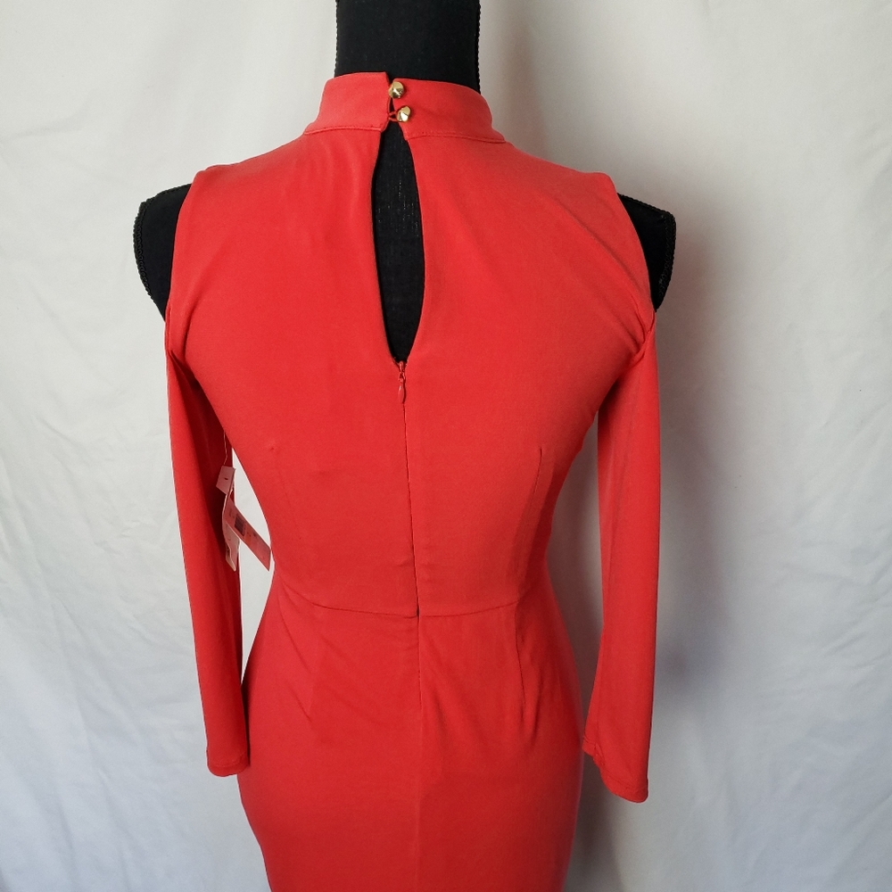 Jessica Simpson Cold Shoulder Coral Mock Neck Attached Belt Sheath Dress Size 2 - Picture 14 of 16